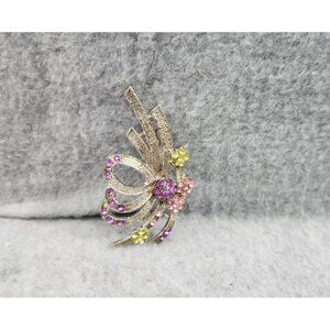 Vintage Rhinestone Floral Brooch Pin With Pink & Yellow Flowers